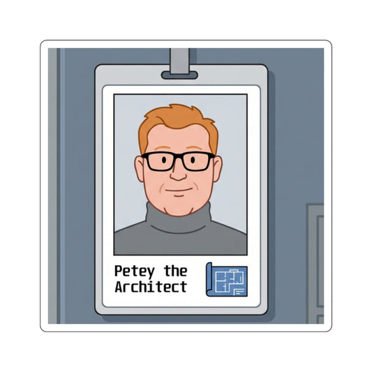 Petey the Architect Square Sticker — Cartoon ID Badge Laptop Decal